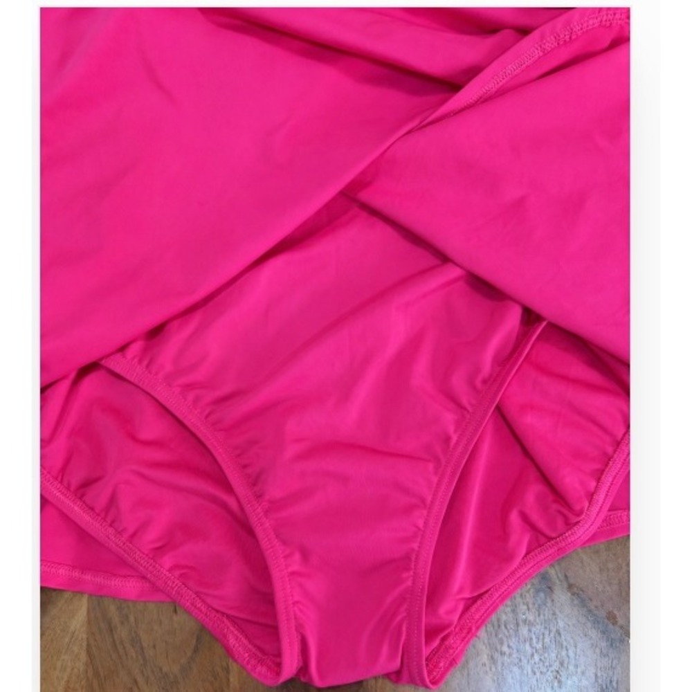 Lands End V Neck Tulip Wrap Swim Dress One Piece Shelf Bra Fuschia LP 14 16 - Picture 5 of 15